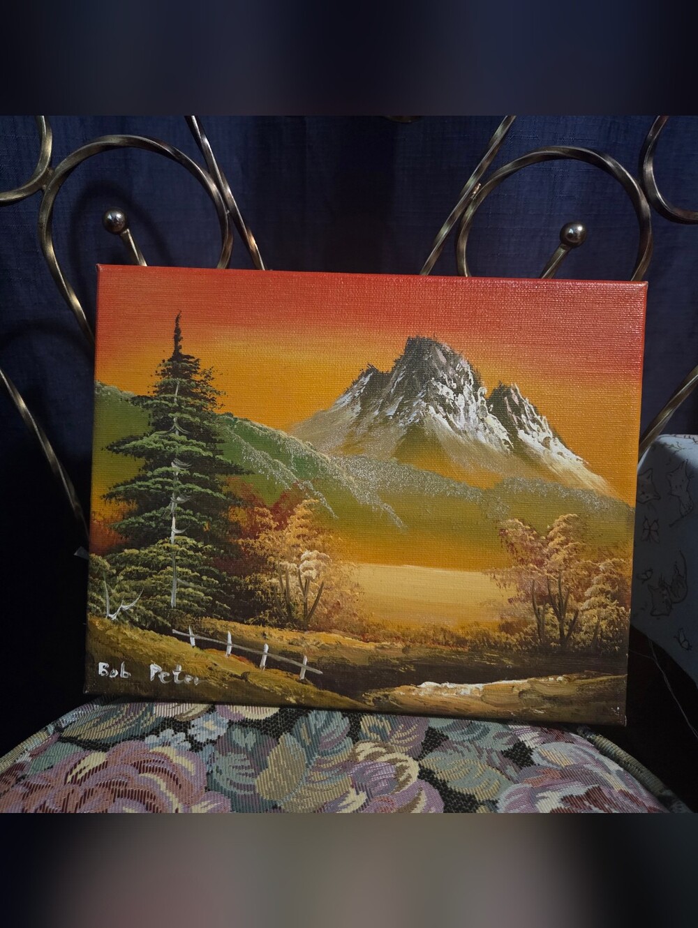 Vintage Original Acrylic Mountain Landscape Painting, Sunset Snow Peak Wall Art
